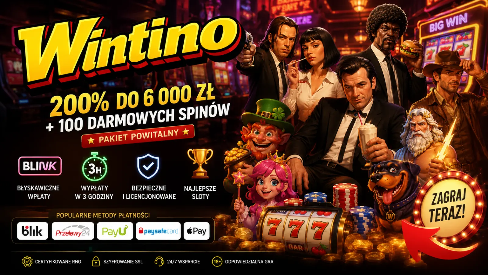 Pakiet powitalny: 200% do 6 000 zł + 100 darmowych spinów – BLIK, wypłaty w 3 godziny